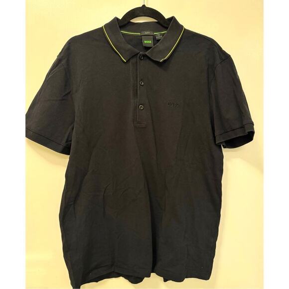 BOSS Hugo Boss Black Cotton Pique Slim Fit Polo Shirt Lime Green Accent XXL - Picture 3 of 7